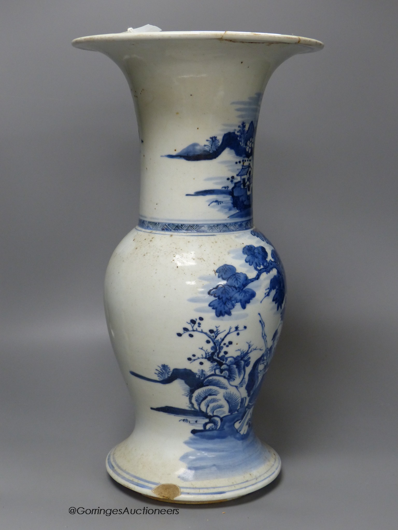 A Chinese blue and white yen yen vase, damaged, 41cm high